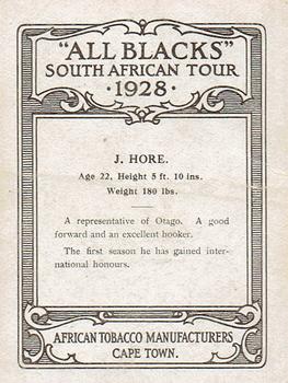 1928 African Tobacco Manufacturers All Blacks South African Tour #NNO John Hore Back
